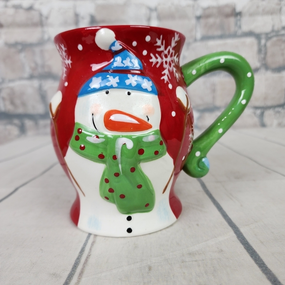 Pier 1 Imports Jolly  Holiday Snowman 3D Mug Red Green Handpainted 16oz